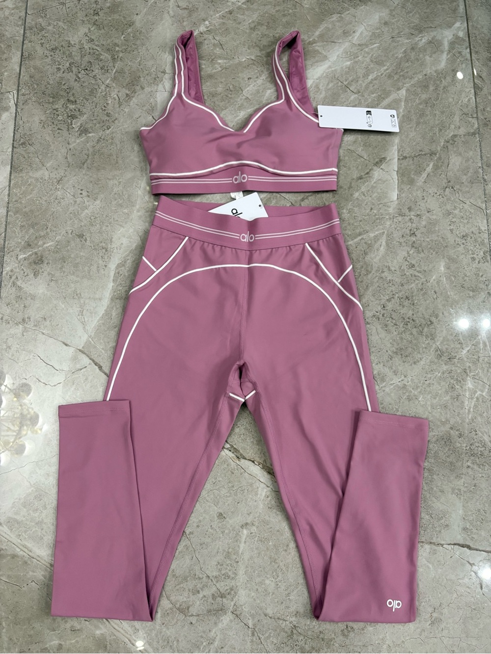 ALO Yoga Mauve High-Waist Leggings with Matching Crop Bra